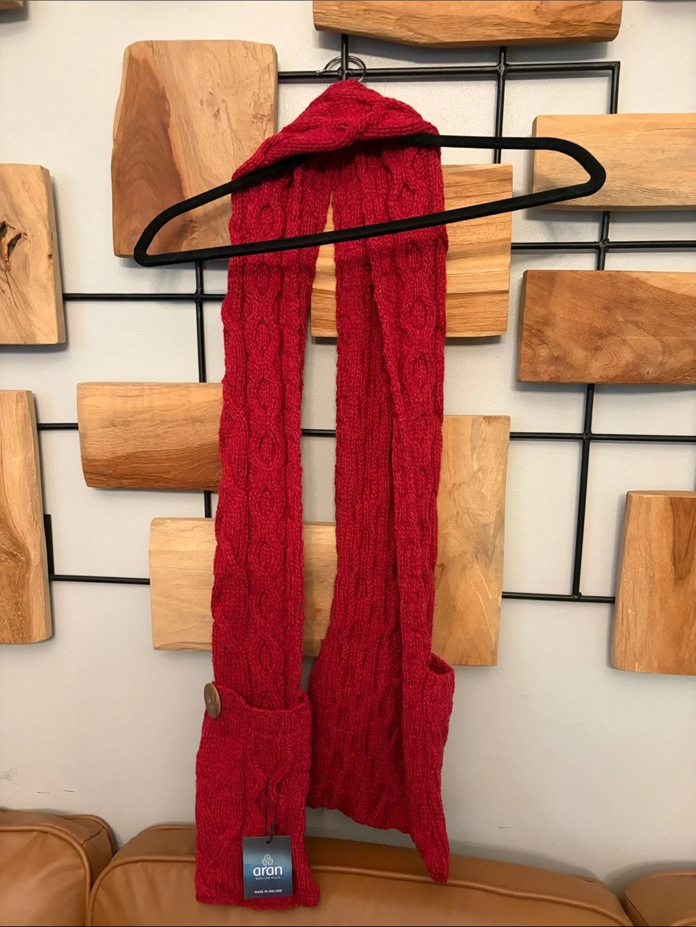 Aran Red Cable-Knit Scarf with Buttoned Pocket